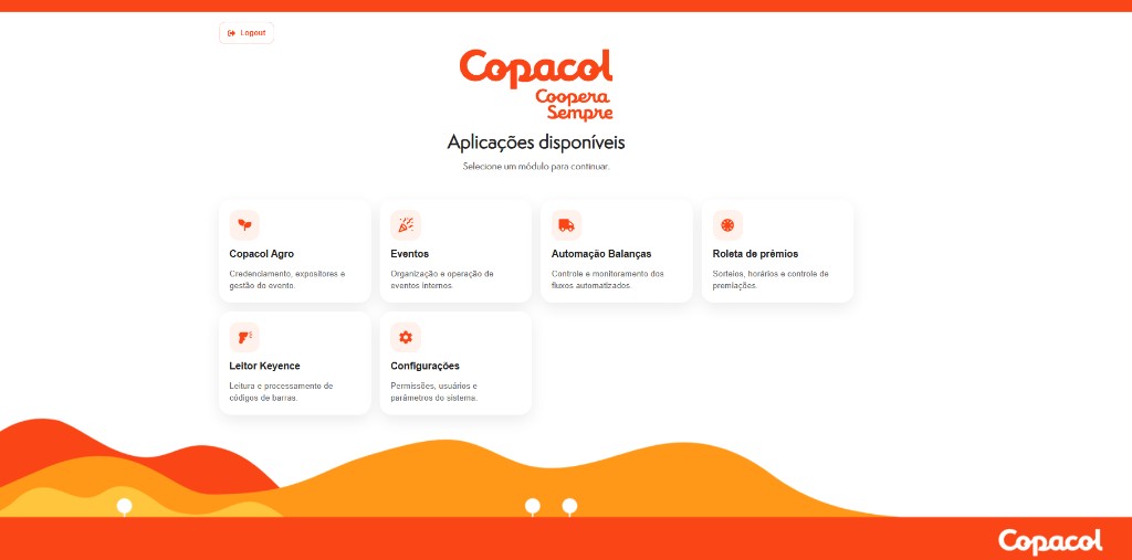 Copacol Manager hub: cards for Agro, Events, Scale Automation, Prize wheel, Keyence reader and Settings