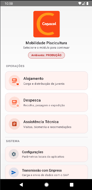 Mobilidade Piscicultura home: housing, harvest, technical visits and SAP sync