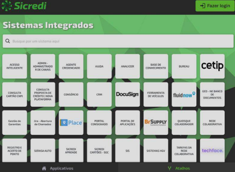 Integrated systems grid: search and shortcuts to DocuSign, Place, BrSupply, Tech Face and other Sicredi Nossa Terra apps
